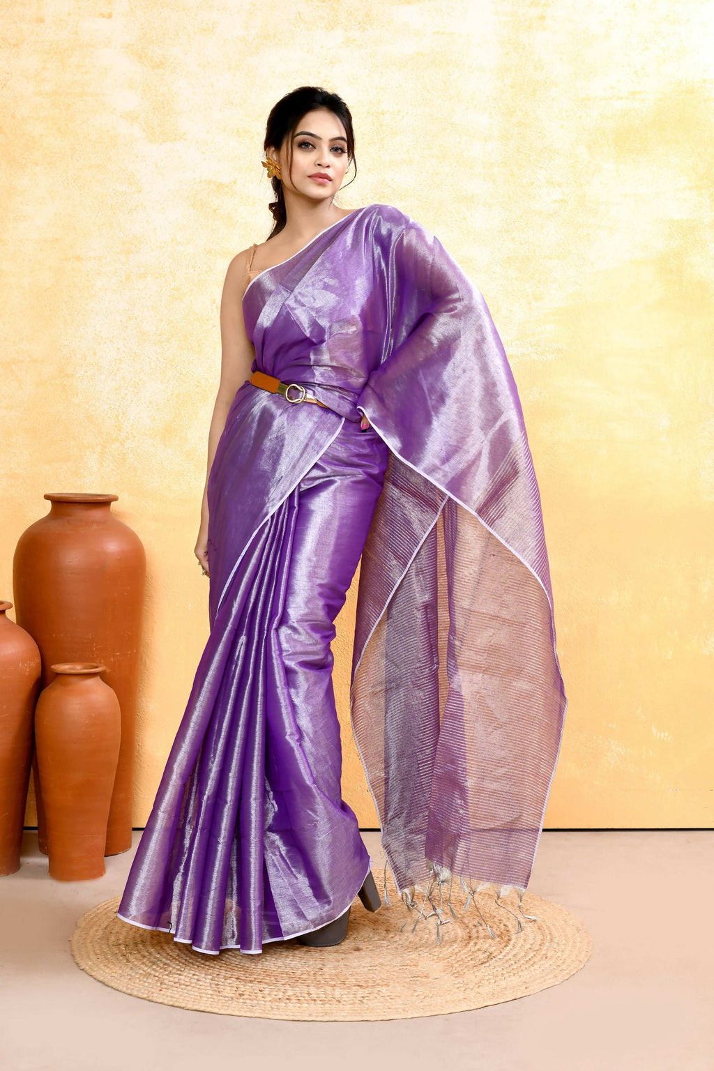 Piyari Fashion Women's Lavender Dual Tone Organic Tissue Saree With Blouse Piece | Grocsy