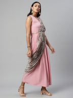 Ahalyaa Women Baby Pink Crepe Georgette Saree Dress With Printed Pallu | Grocsy