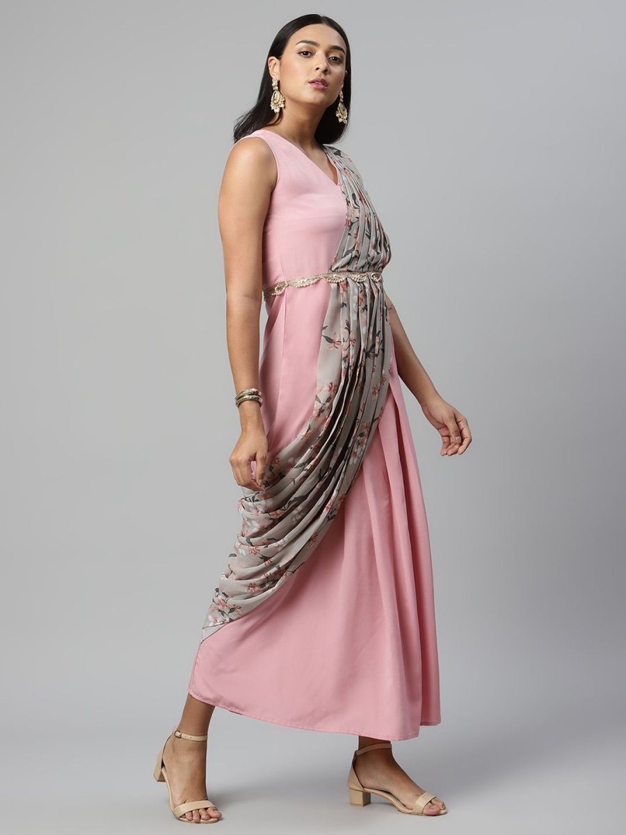 Ahalyaa Women Baby Pink Crepe Georgette Saree Dress With Printed Pallu | Grocsy