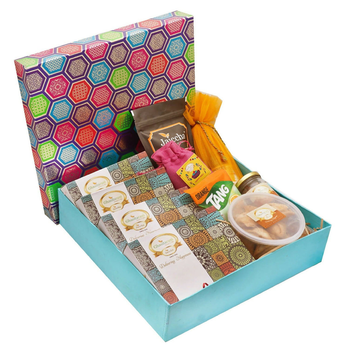 Ghasitaram Big Gourmet Hamper Box of Assorted Gujiyas, Butter Chakli, Sharbat, Thandai and Farsan Samosa | Grocsy