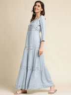 Sky Blue Chinon Floral Embroidered Dress - Nandani | Grocsy