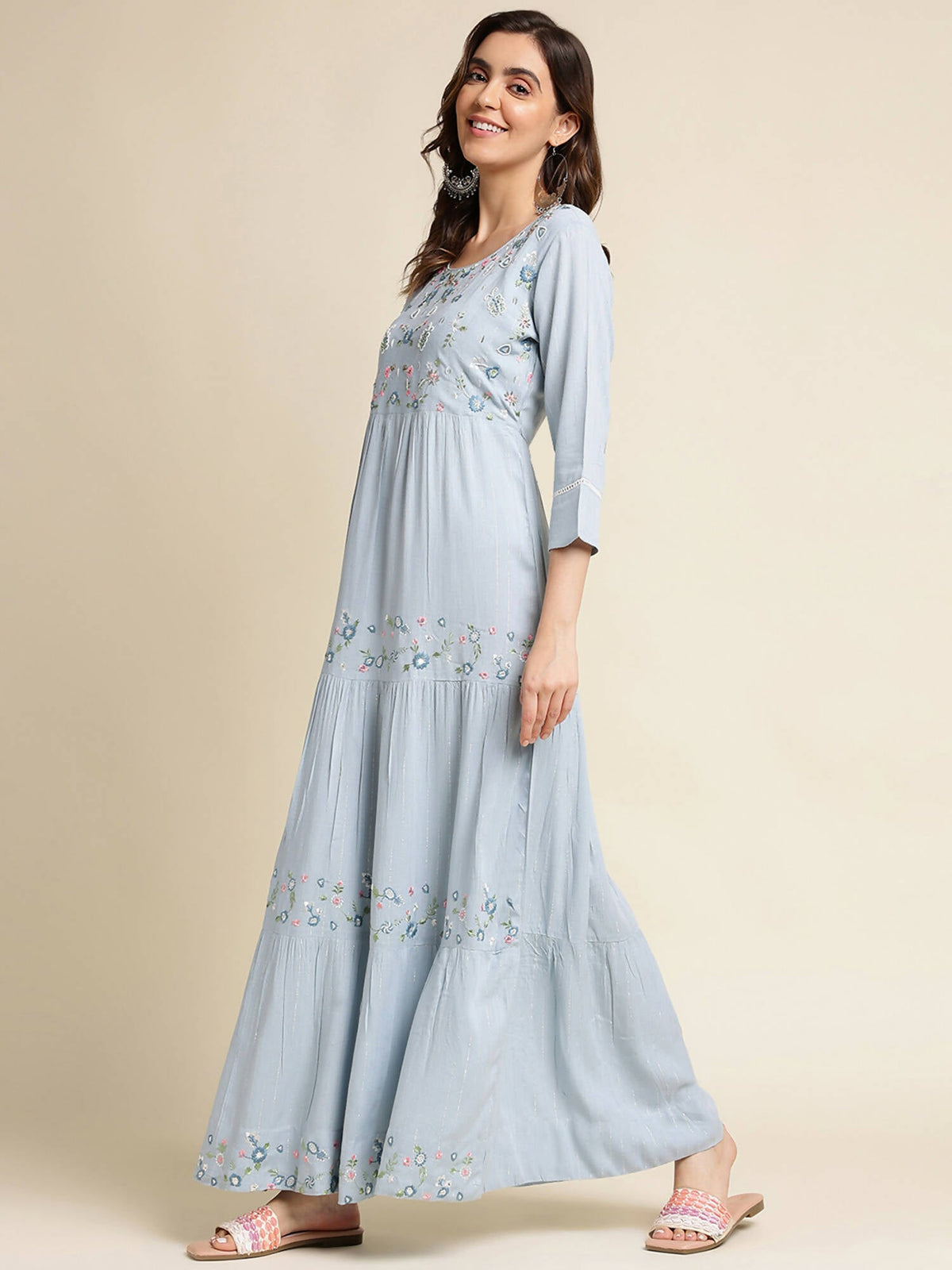 Sky Blue Chinon Floral Embroidered Dress - Nandani | Grocsy