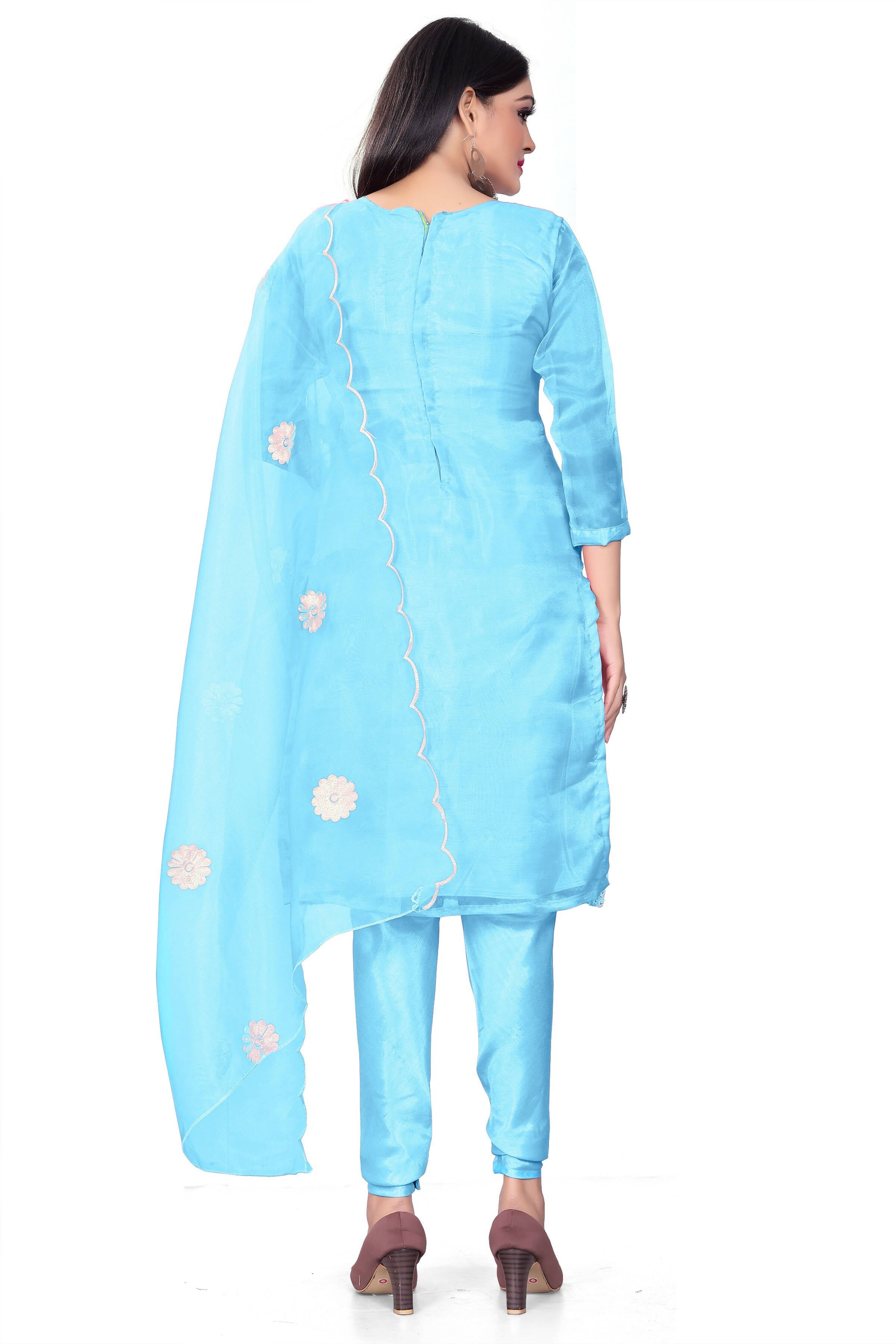 Sky Blue Organza Silk Embroidered Work Unstitched Dress Material - Tanvi | Grocsy