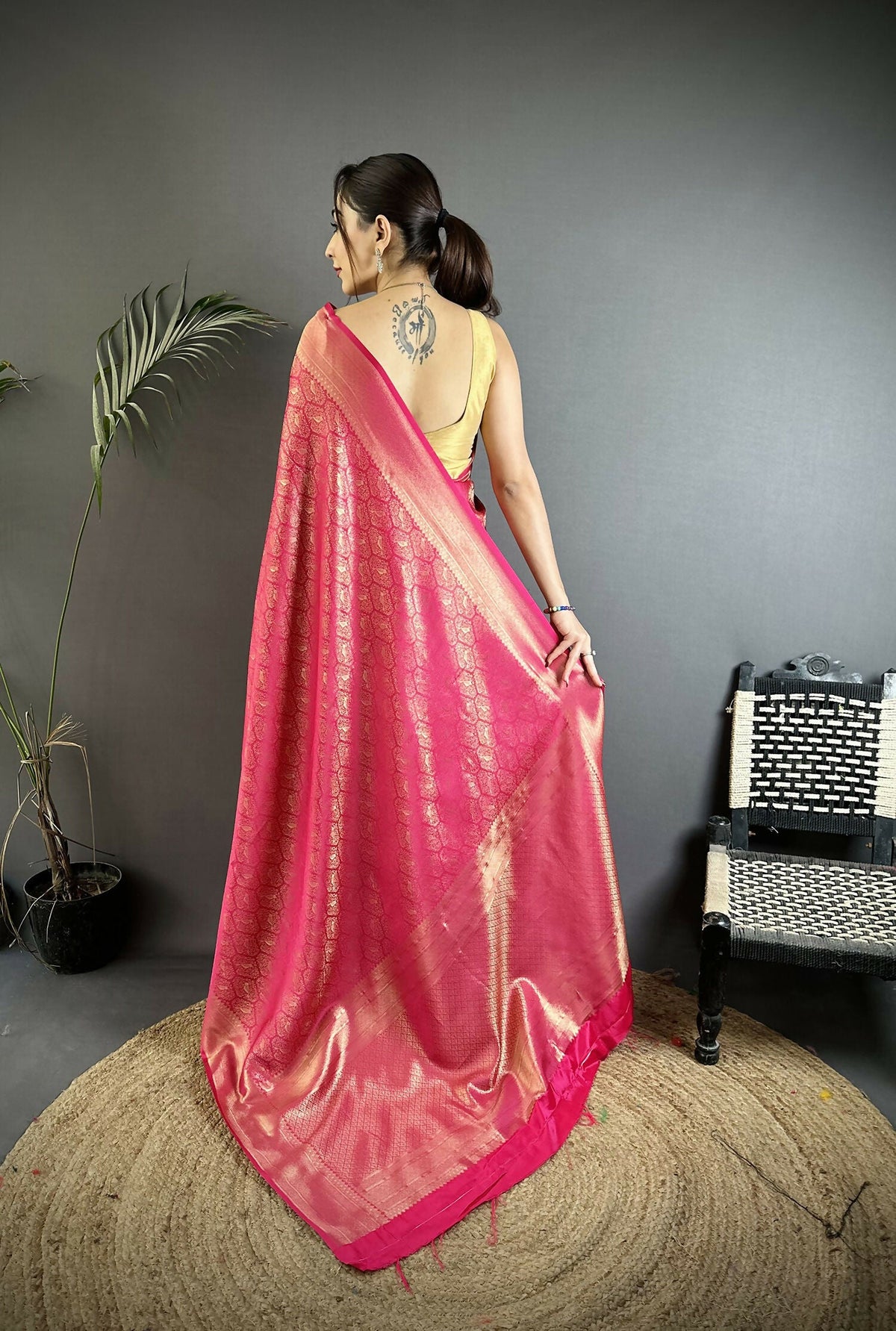 Joban Fashion Rani Pink Paisley & Floral Soft Satin Silk Banarasi Silk Saree | Grocsy