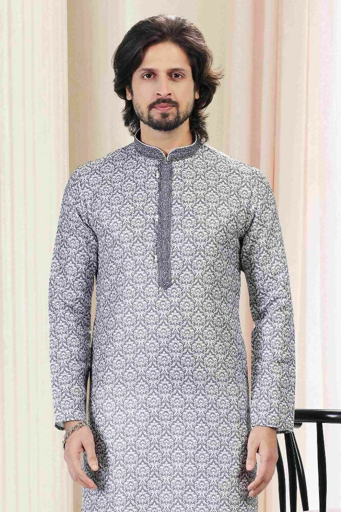 Raivat Ethnic Cotton Thread Work Kurta Pajama In Grey Colour | Grocsy