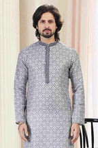Raivat Ethnic Cotton Thread Work Kurta Pajama In Grey Colour | Grocsy