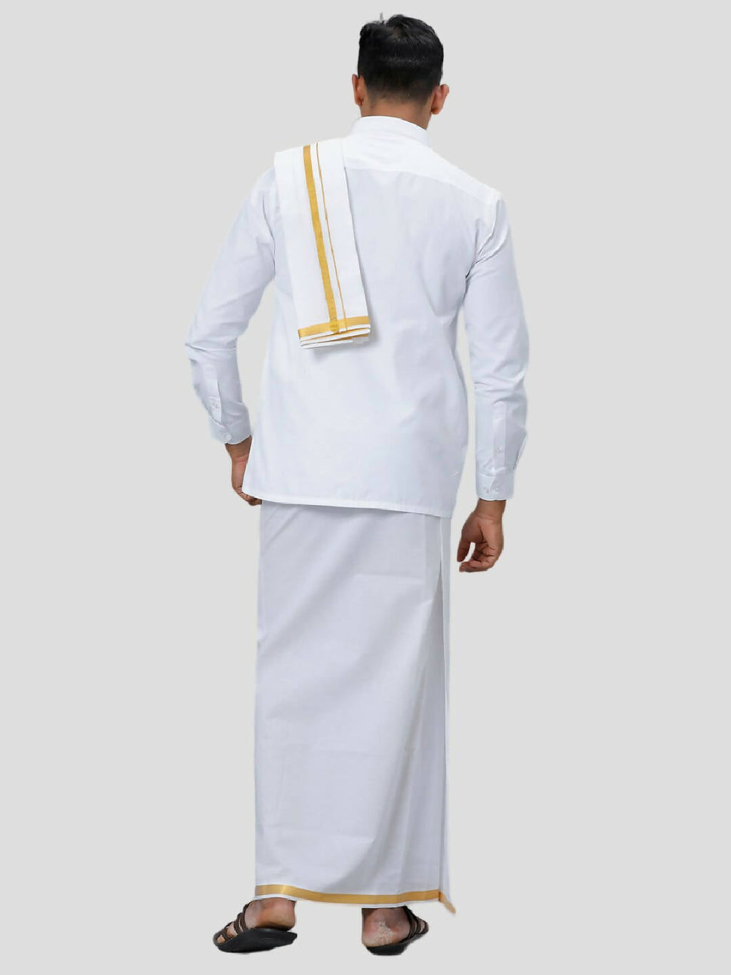 Ramraj Cotton Mens 1/4 " Poly Cotton Gold Jari Dhoti And Towel Set - White | Grocsy