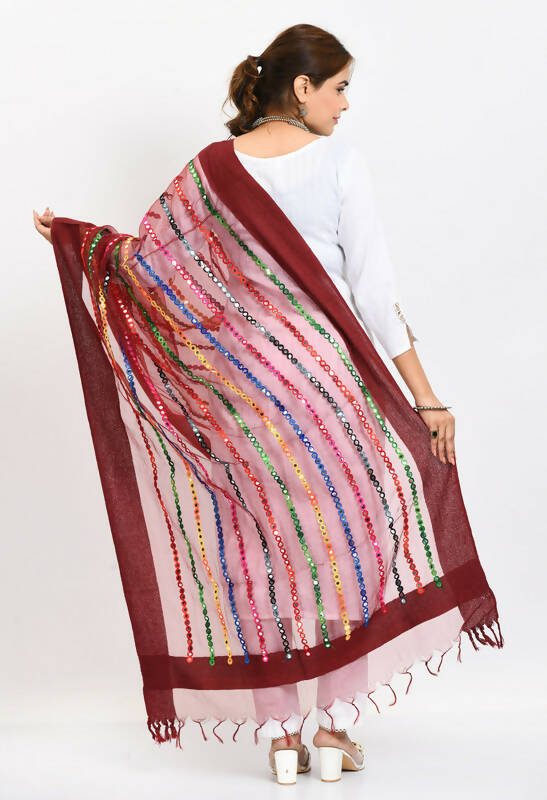 Mominos Fashion Moeza Women's Orgenza Multi Thread Mirror Work Maroon Dupatta | Grocsy