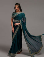 PR Fashion Petrol Zometo Embroidery Lace Saree | Grocsy