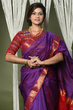 Very Much Indian Handloom Cotton Silk Maheshwari Saree With Sleek Golden Border - Purple | Grocsy