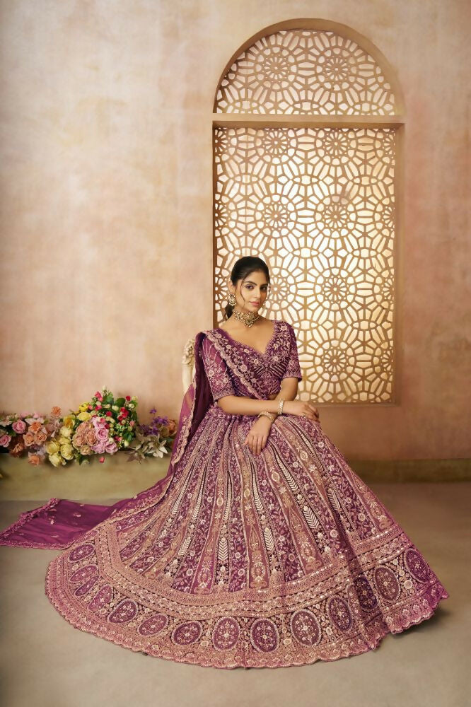 Kesar Fab Dark-Purple Net Hand_Woven Lehenga | Grocsy