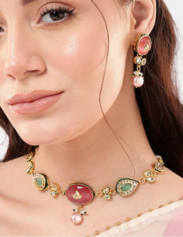 Nuyug 22K Gold Plated Radiant Rose Stone Kundan Necklace | Grocsy