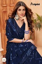 Aayaa Heavy Georgette Double Run Sequance Work Saree With Fitting Sequance Lace Border - Navy Blue | Grocsy