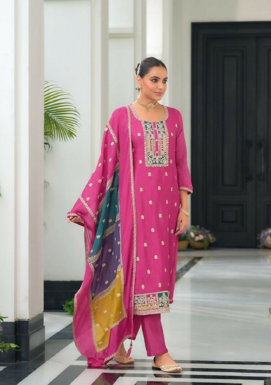 Teeya Creation Pink Color Chinon Silk Embroidery Work Wedding Wear Designer Salwar Suit | Grocsy