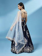 House of Panchhi Navy Blue Pure Georgette Thread & Sequinse Work Lehenga & Blouse, Dupatta | Grocsy