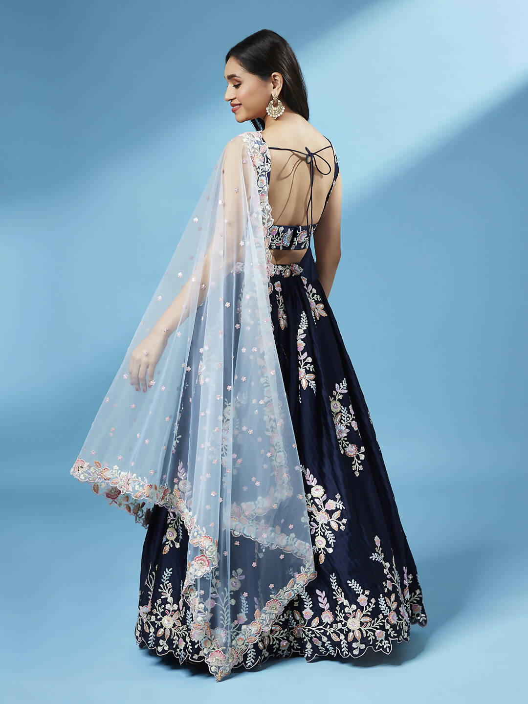 House of Panchhi Navy Blue Pure Georgette Thread & Sequinse Work Lehenga & Blouse, Dupatta | Grocsy