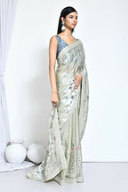 Green Satin Silk Sequence Embroidered With Stone Work Festive Saree - Nimaya Denzy | Grocsy
