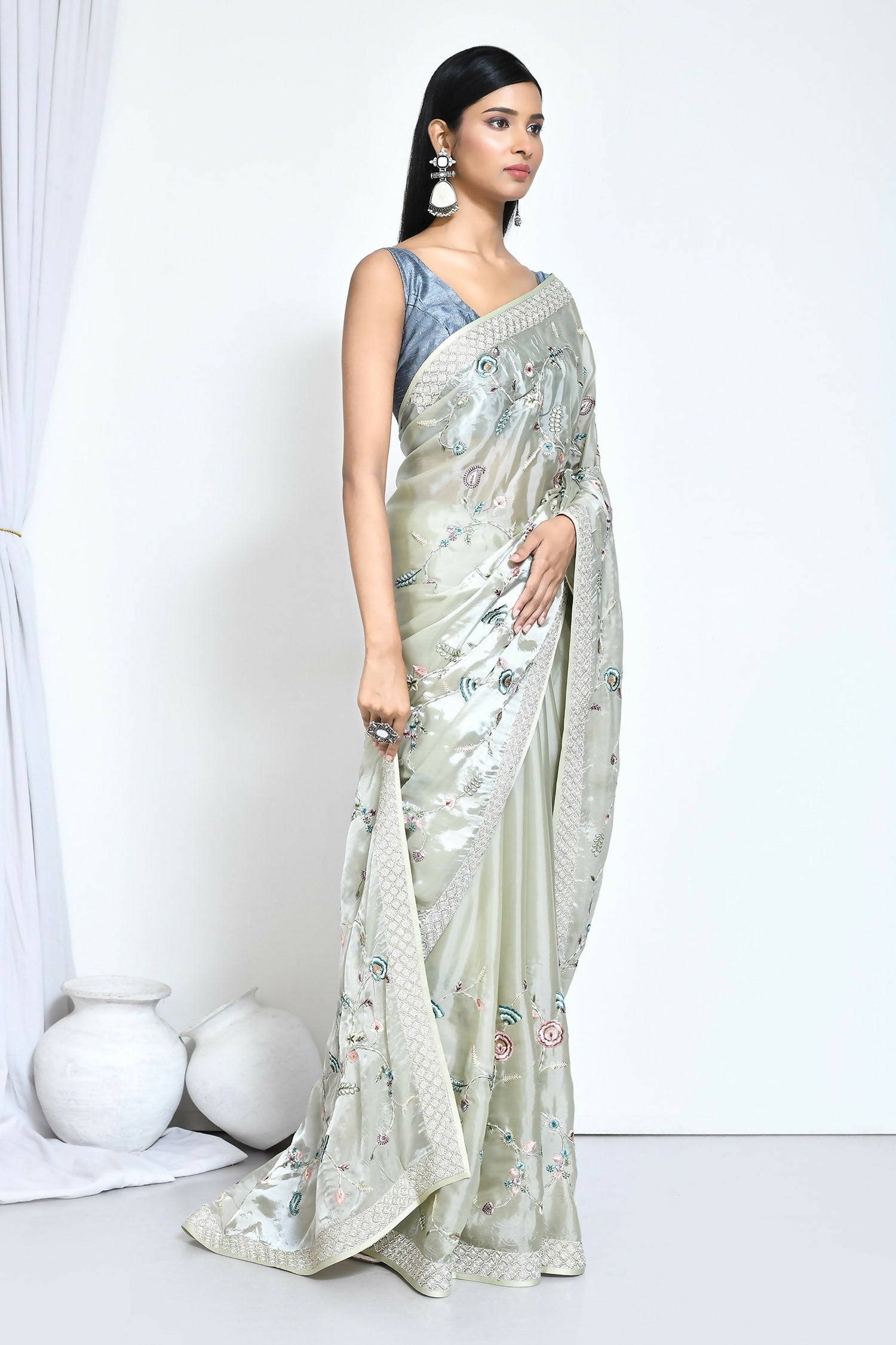 Green Satin Silk Sequence Embroidered With Stone Work Festive Saree - Nimaya Denzy | Grocsy