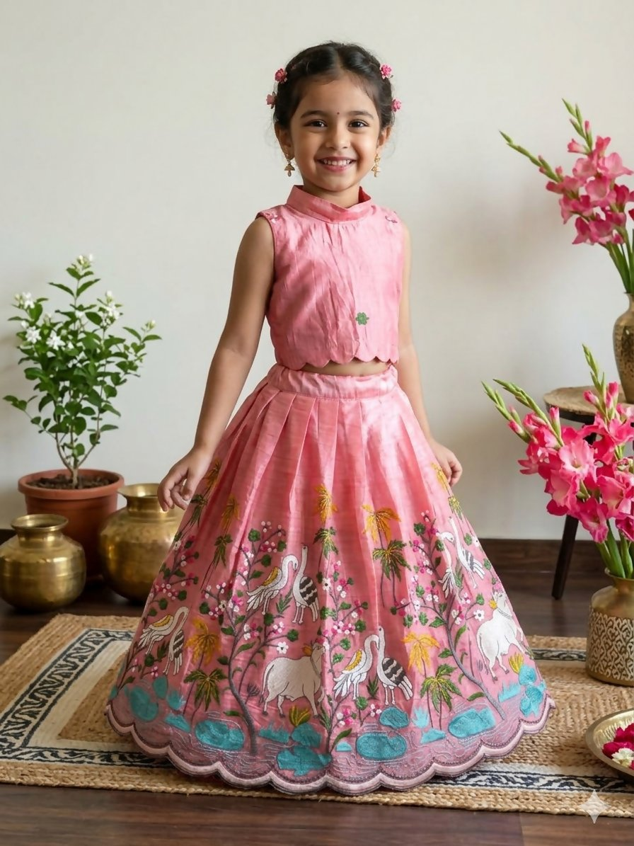 Teeya Creation New Girls Blush Pink Pichwai Embroidered Lehenga Choli Set-Pink | Grocsy