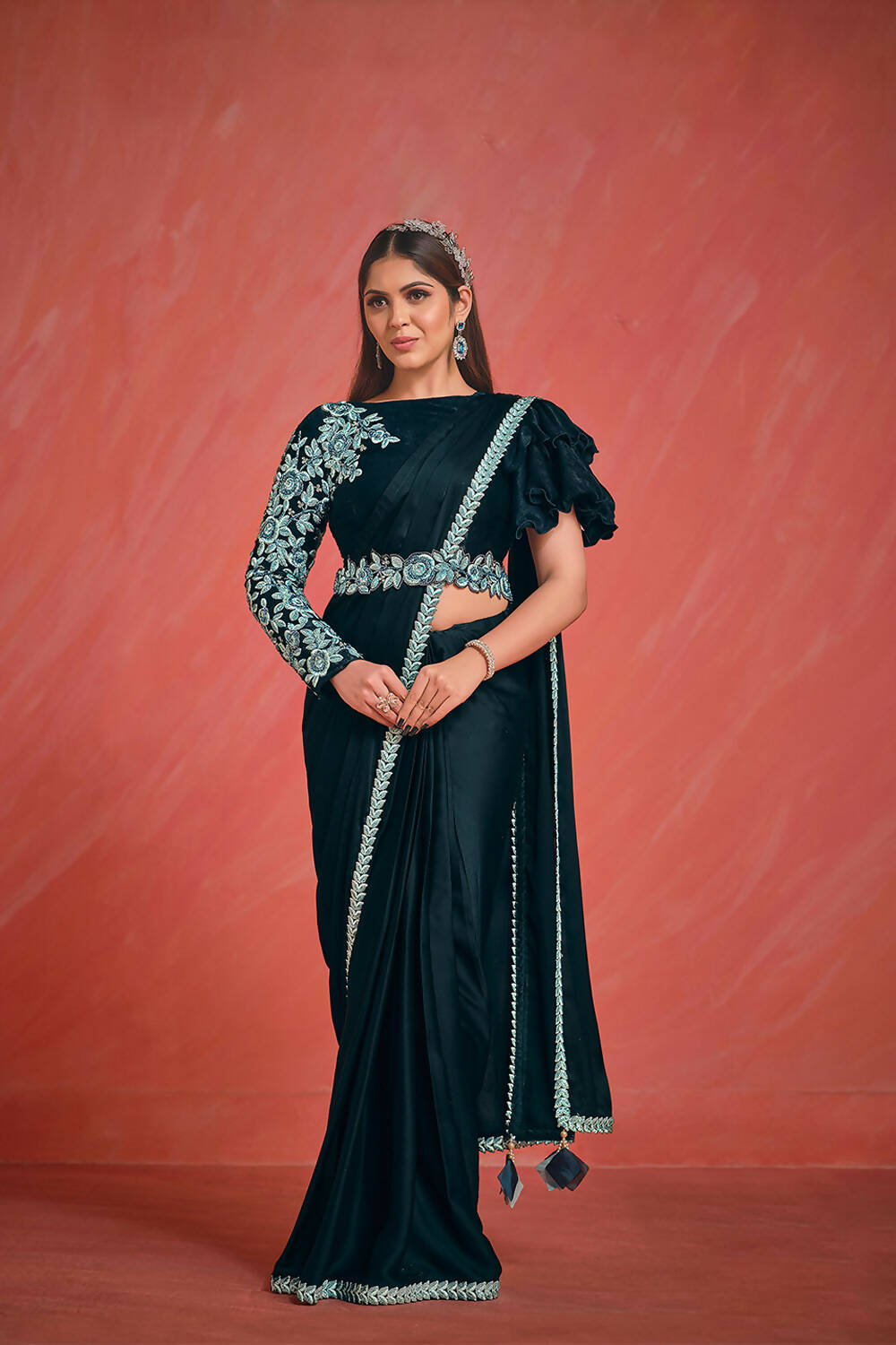 Dark Teal Crepe Silk Satin Thread & Stone with Kardana work Saree With Stitched Blouse - Mohmanthan Elegancia | Grocsy