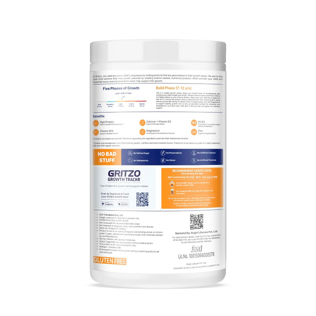 Gritzo SuperMilk Athlete (7-12y Boy & Girl), 14g Protein Powder (Double Chocolate) | Grocsy