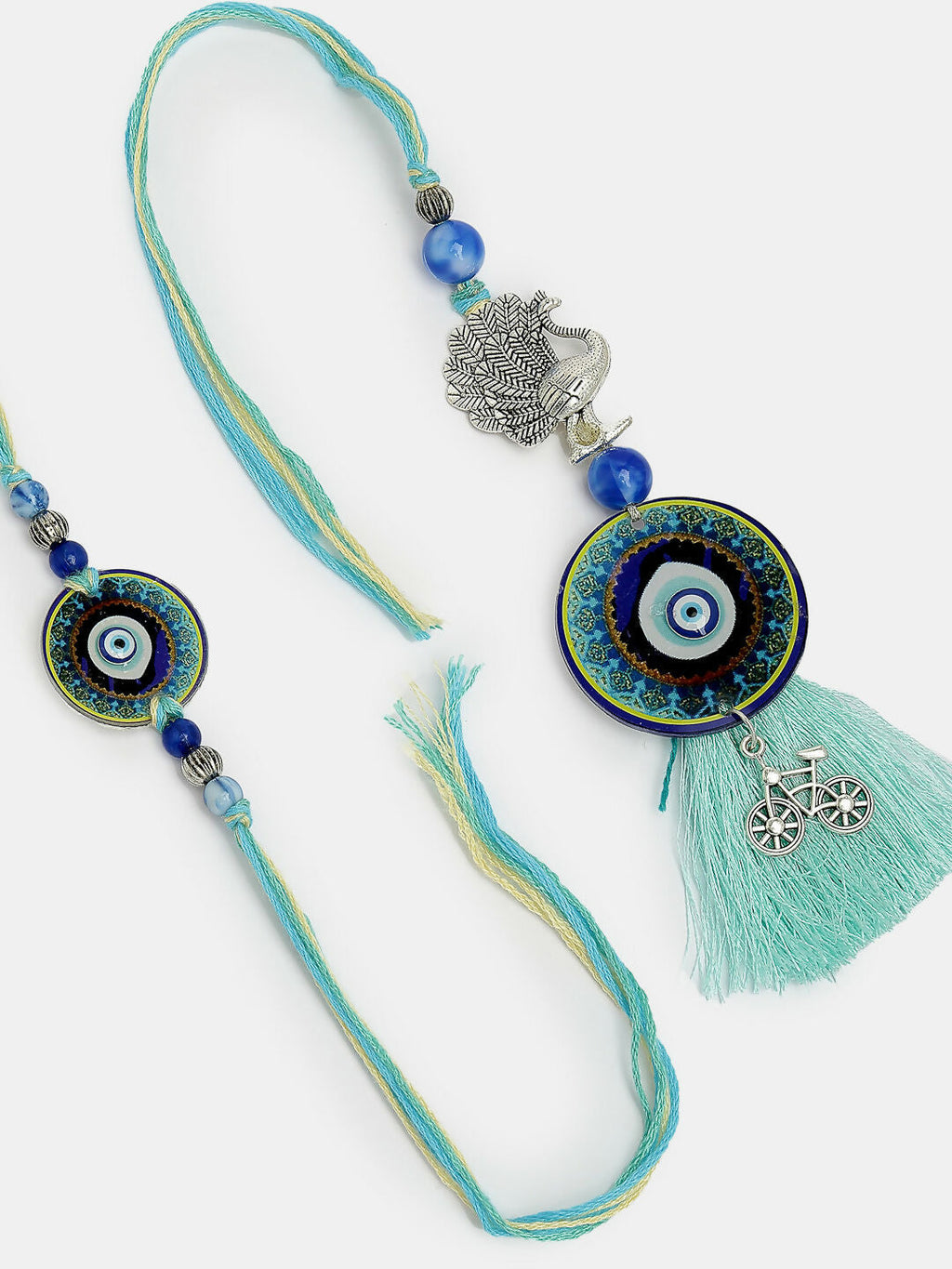 NVR Women & Men Set of 2 Blue Evil Eye & Beaded Bhaiya Bhabi Rakhi With Roli Chawal | Grocsy