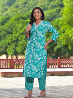 Juniper Women's Rama Green Floral Printed Cotton Kurta Pant With Dupatta Set With Mirror Work & Zari Work | Grocsy