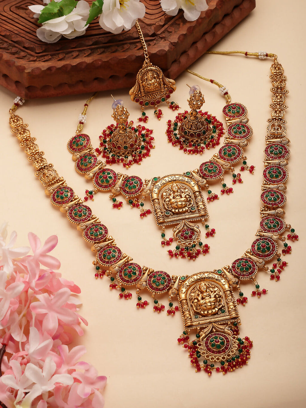 NVR Women's Set of 2 Gold-Polished Green & Red Stone Studded Lakshmi Design Temple Jewellery Set with Maangtikka | Grocsy