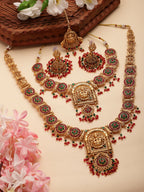 NVR Women's Set of 2 Gold-Polished Green & Red Stone Studded Lakshmi Design Temple Jewellery Set with Maangtikka | Grocsy