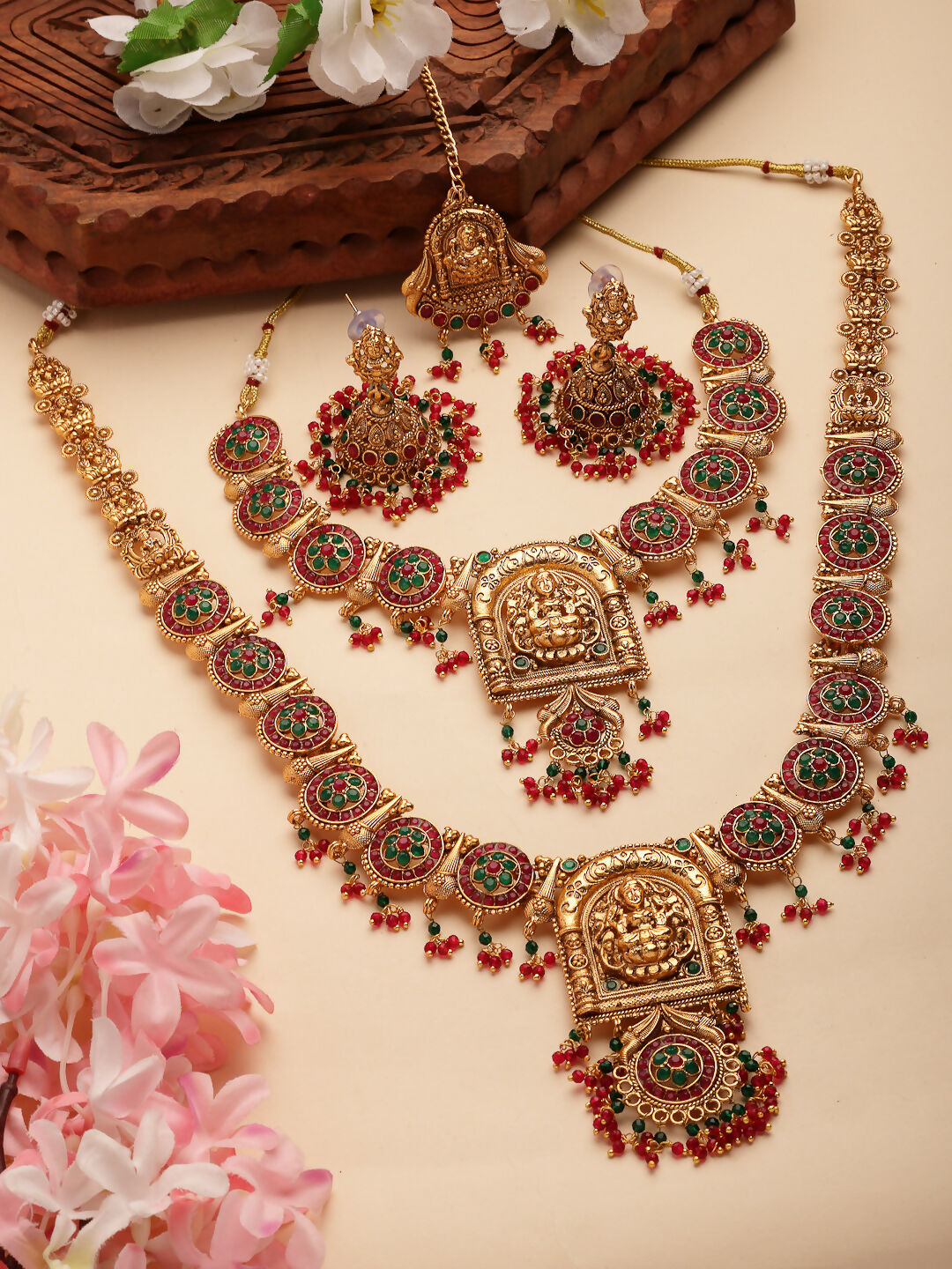 NVR Women's Set of 2 Gold-Polished Green & Red Stone Studded Lakshmi Design Temple Jewellery Set with Maangtikka | Grocsy
