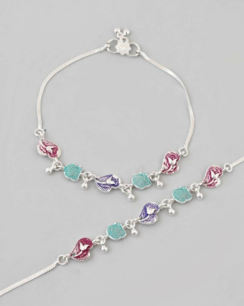 VOJ Set of 2 Silver Plated Designer Multi Color Anklet | Grocsy