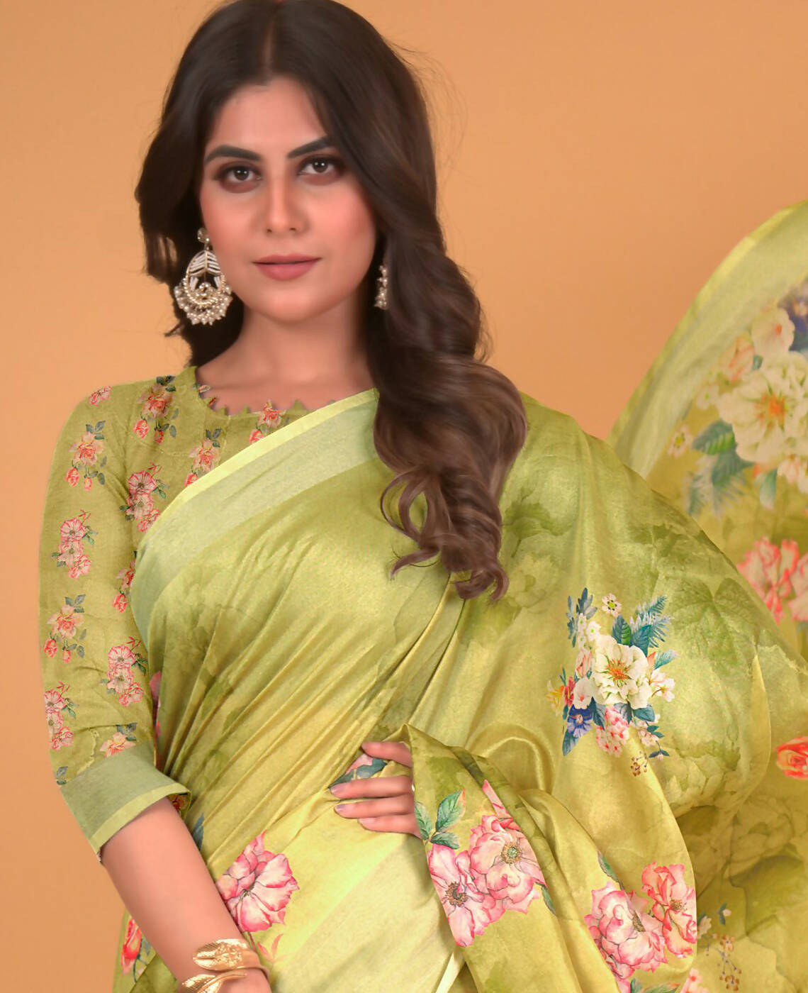 Green Cotton Silk Floral Printed Saree With Unstitched Blouse Piece - Akshita | Grocsy