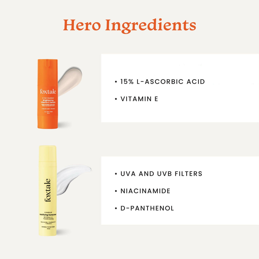 Foxtale Getting Even Skin Care Kit: C For Yourself Vitamin C Serum + Matte Finish Sunscreen | Grocsy