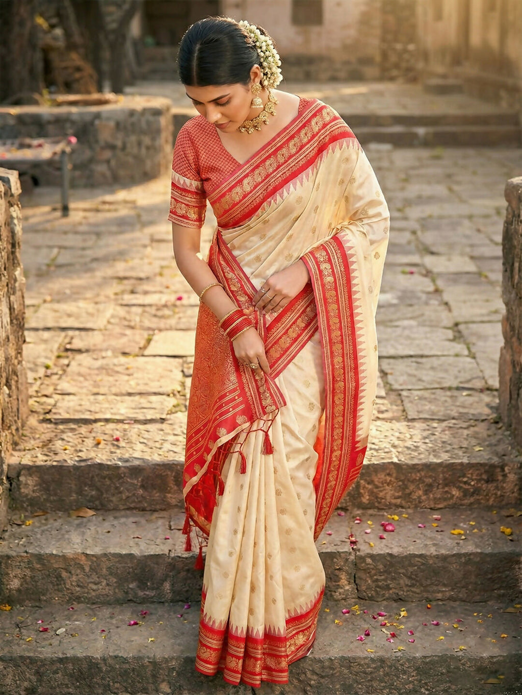 Shree Shyam Fashion Cream Soft Silk Saree | Grocsy
