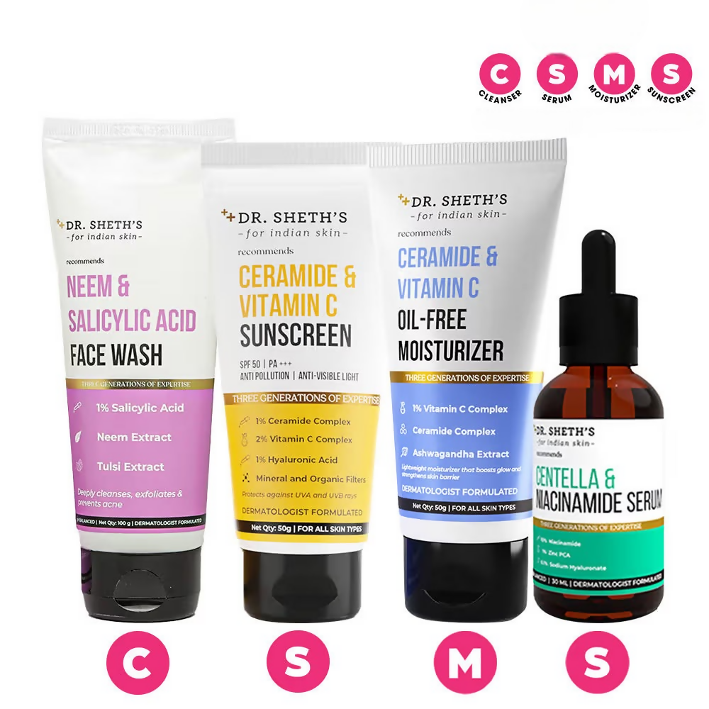 Dr. Sheth's CSMS (Cleanser, Serum, Moisturizer, Sunscreen) Bestseller Combo | Grocsy