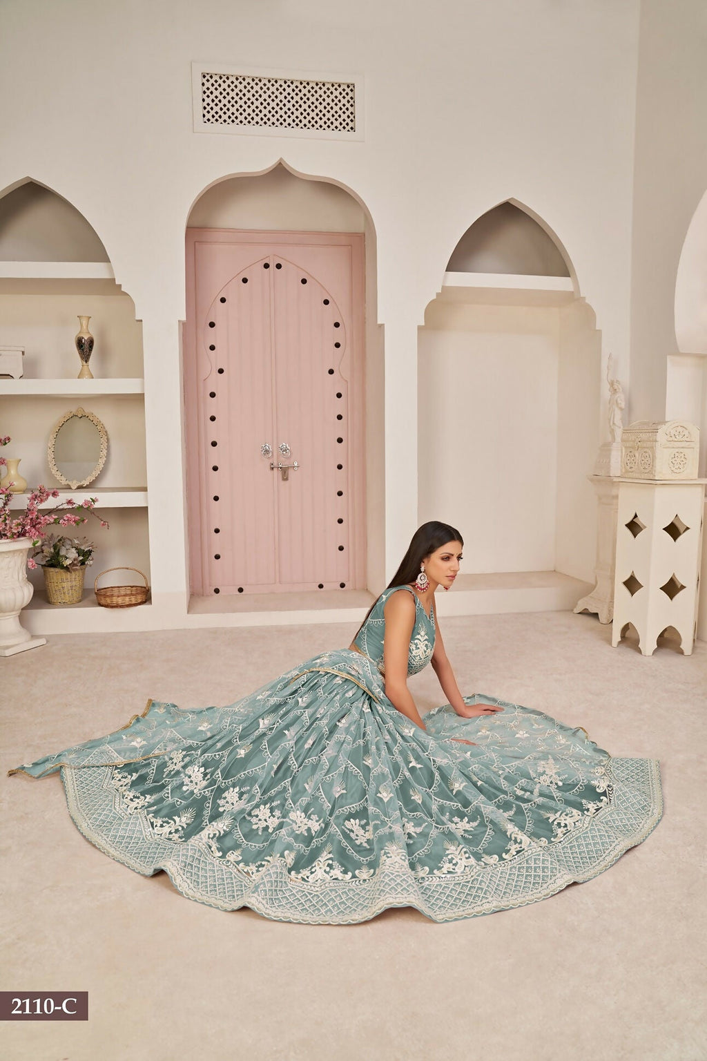 Eilara Women'S Ocean Blue Butterfly Net White Cotton Thread And Zari Sequence Embroidered Work Lehenga Choli For Wedding | Grocsy