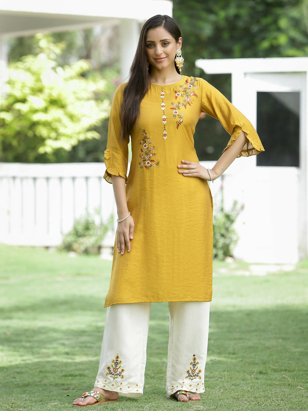 Juniper Mustard Mono Viscose Festive Wear Embroidered Straight Kurta Palazzo Dupatta Set | Grocsy