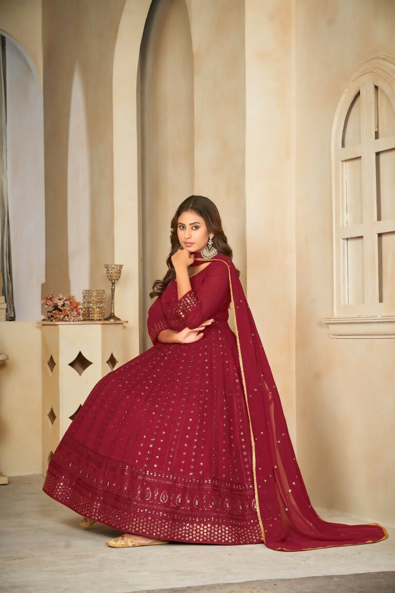 Jyoti Fashion Women's Maroon Georgette Embroidered Anarkali Kurta Pant Set With Dupatta | Grocsy