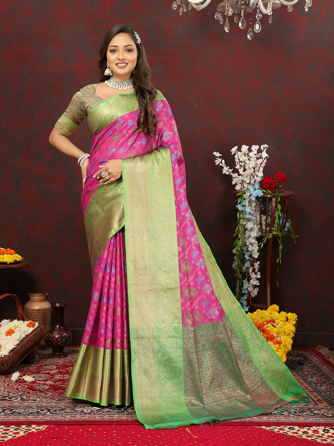 Lorenvalley Fashion Pink Cotton Woven Design Zari Meenakari Weaving Saree | Grocsy