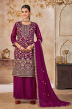 Anaita Purple Vichitra Silk Readymade Palazzo Suit with Embroidery & Lace Work | Grocsy
