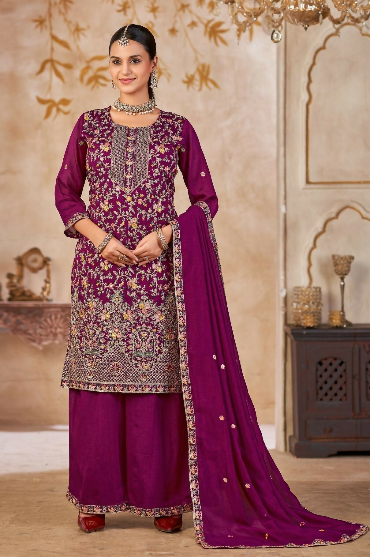 Anaita Purple Vichitra Silk Readymade Palazzo Suit with Embroidery & Lace Work | Grocsy