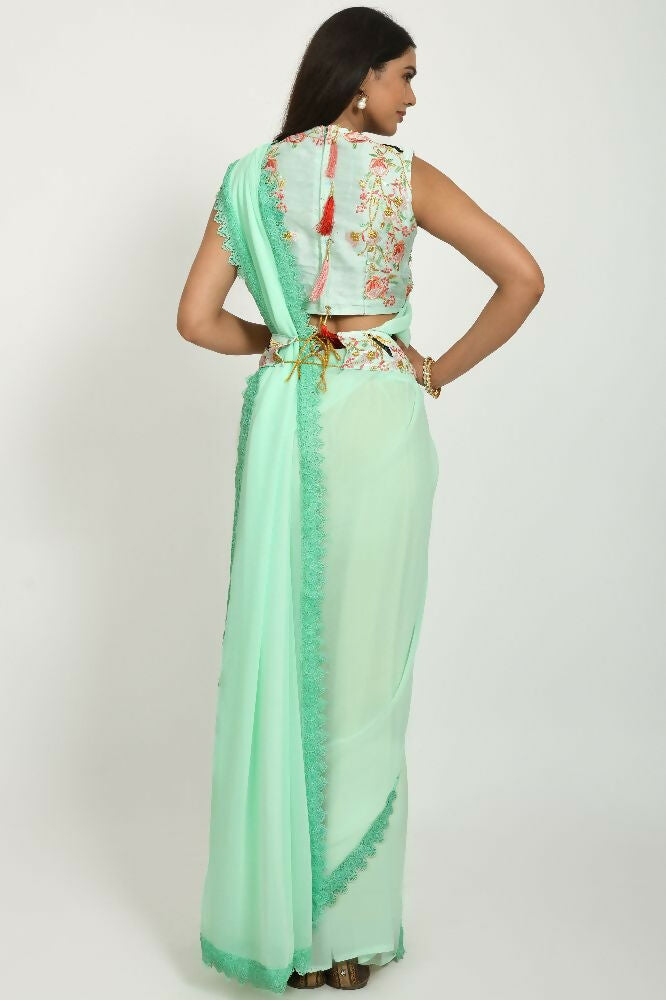 PR Fashion Pista Georgette Gpo Lace Saree | Grocsy