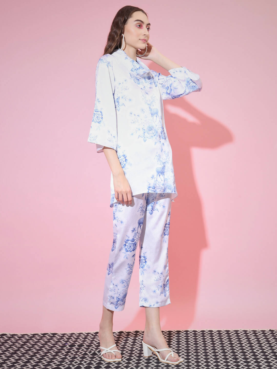 Myshka Women's Blue High Neck Top With Trousers | Grocsy