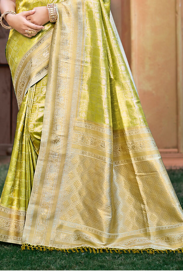 Sangam Prints Light Green Kanjivaram Silk Woven Work Traditional Saree | Grocsy