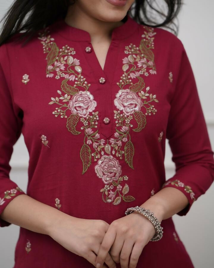 The52 Women's Beautiful Rayon Slub Fabric Embroidery Work Straight Kurta Pant and Dupatta Set | Grocsy