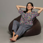 Breathables Women Cotton Printed Loungewear Kurta And Pants Co-Ord Set With Crop Top Grey I Nightwear | Grocsy