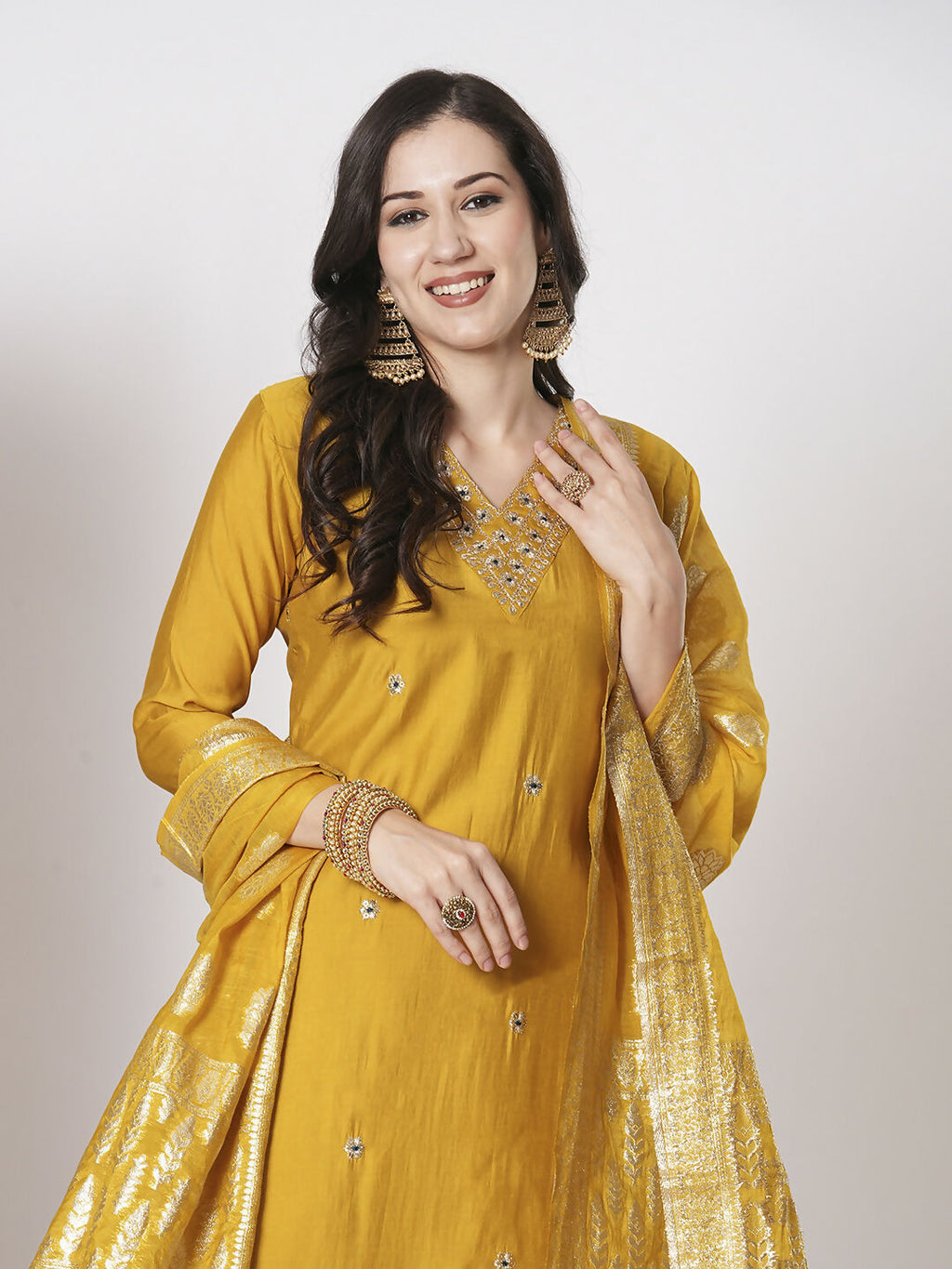 Yellow PV Chanderi Embroidery Work Kurta Set - Riya | Grocsy