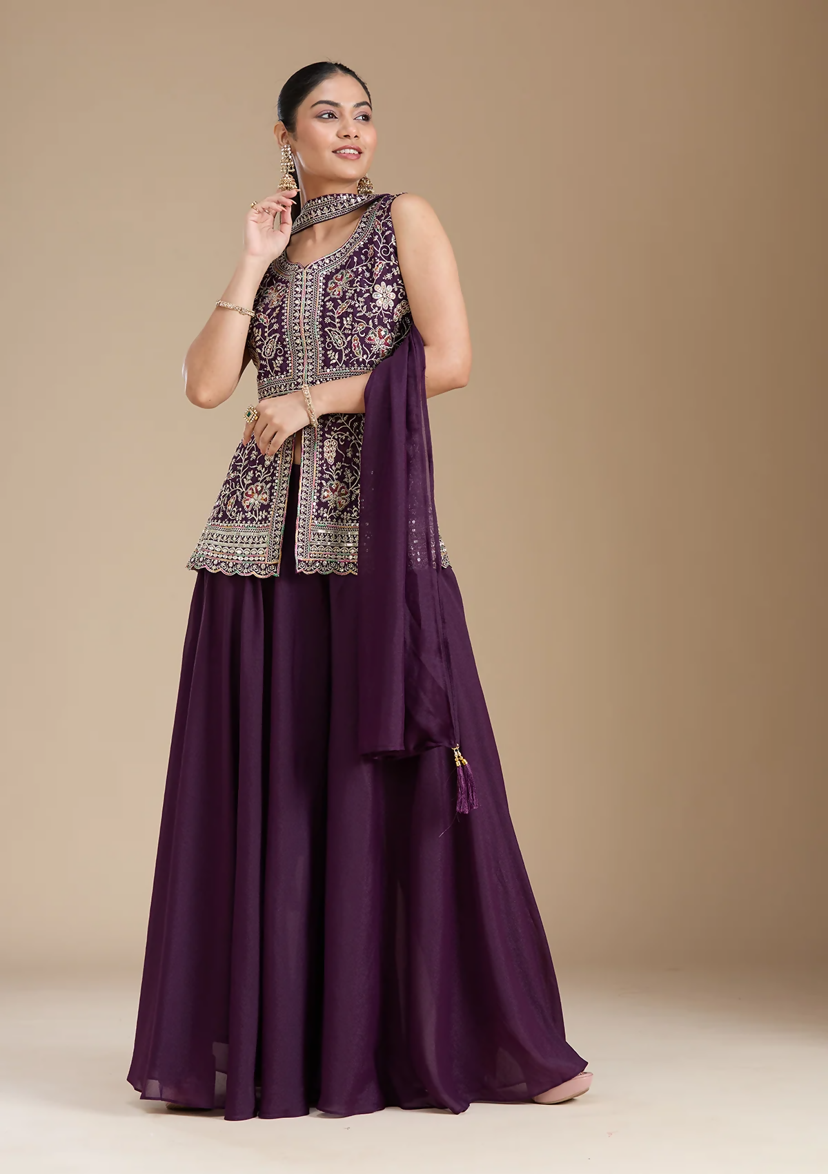 Teeya Creation WIne Color Star Georgette Party Wear Designer Peplum Sharara Set | Grocsy