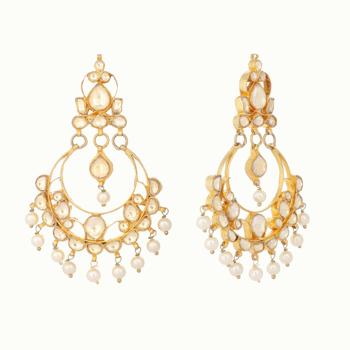 Nuyug 22K Gold Plated Kundan Studded Contemporary Shaped Pearl Drop Chandbalis | Grocsy