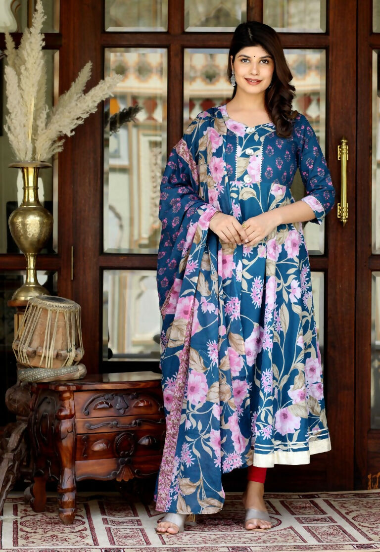 Miravan Women's Flower Printed Blue Anarkali Kurta And Dupatta | Grocsy